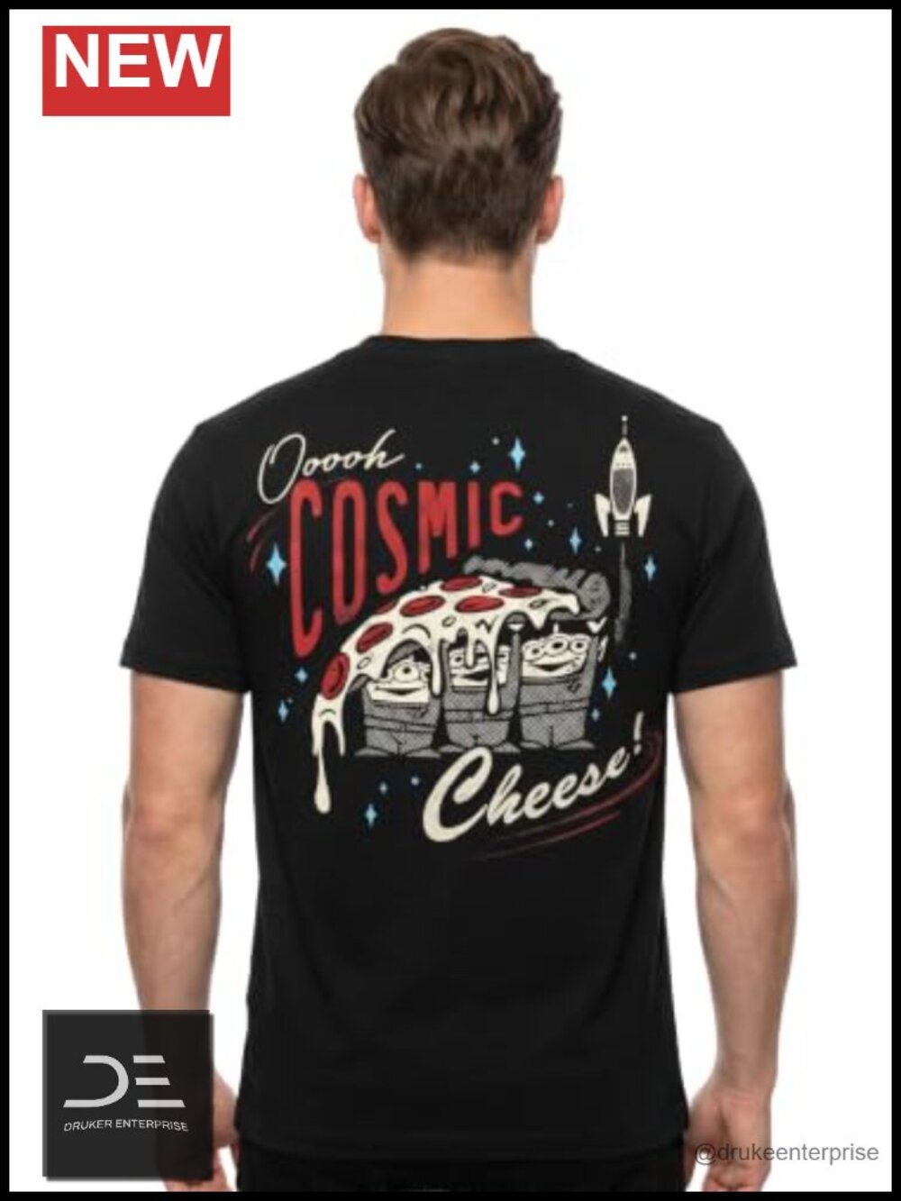 Double-Sided Retro Alien Graphic T-Shirt Pizza Planet Cosmic Cheese